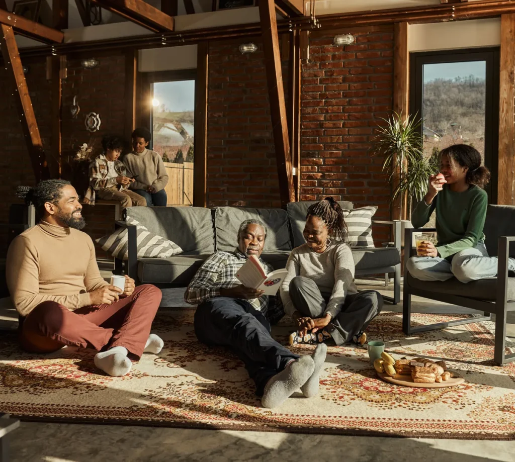 Family hanging out in their living room.